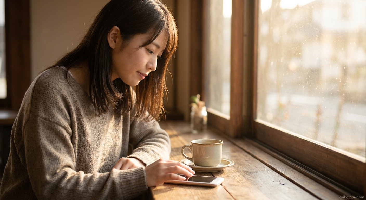 カフェの窓辺に置かれたコーヒーとスマートフォン
