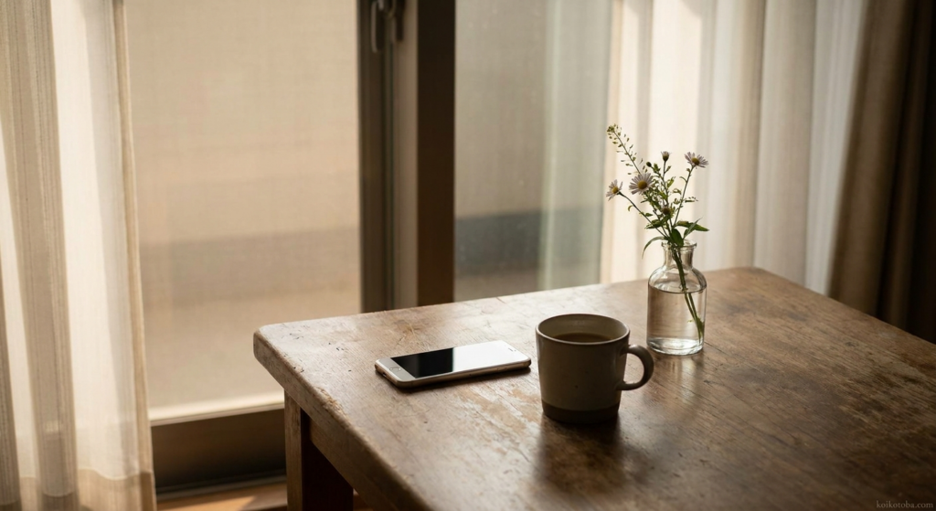 窓辺のコーヒーカップとスマホ、淡い朝の光