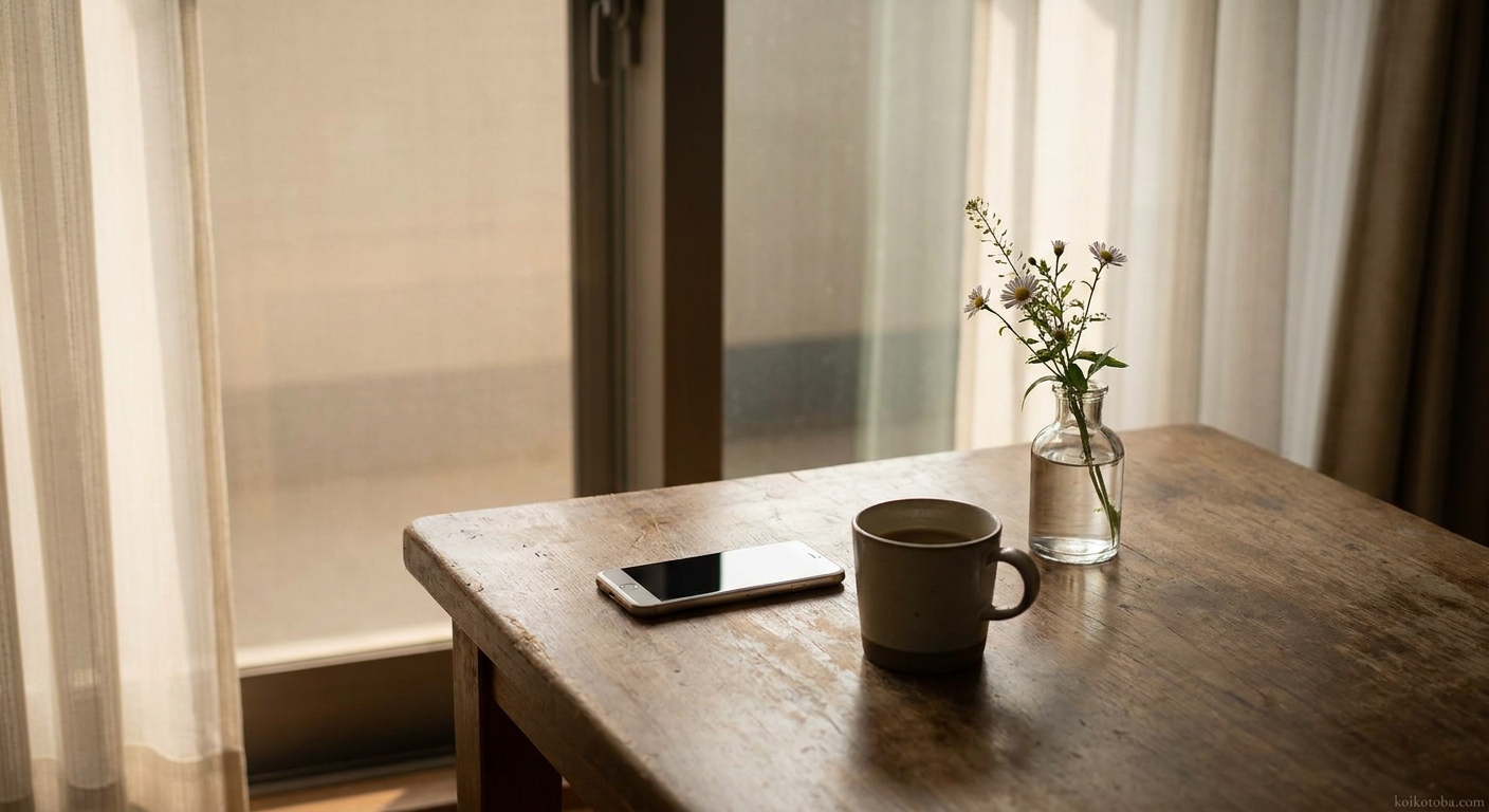 窓辺のコーヒーカップとスマホ、淡い朝の光
