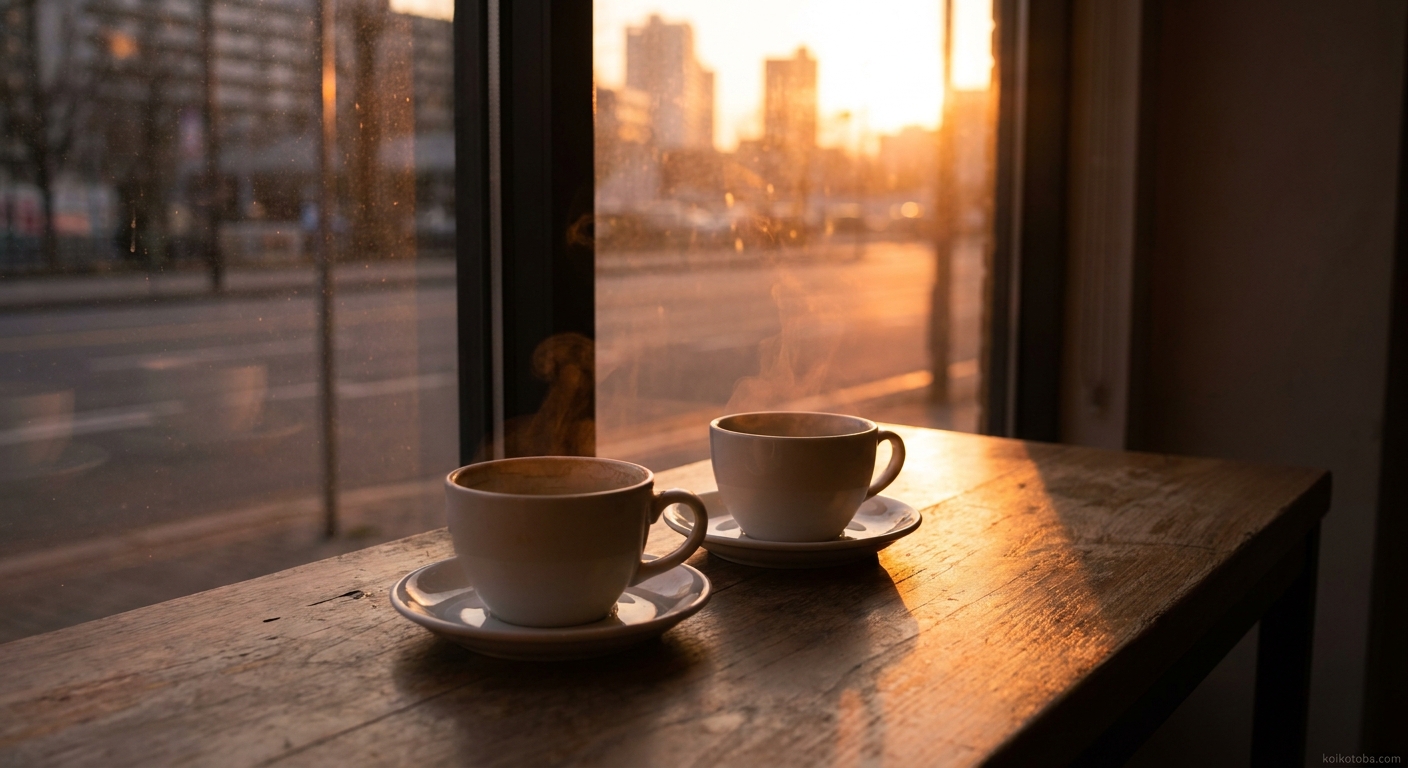 夕暮れのカフェの窓際にコーヒーカップが2つ並んでいる静かな情景