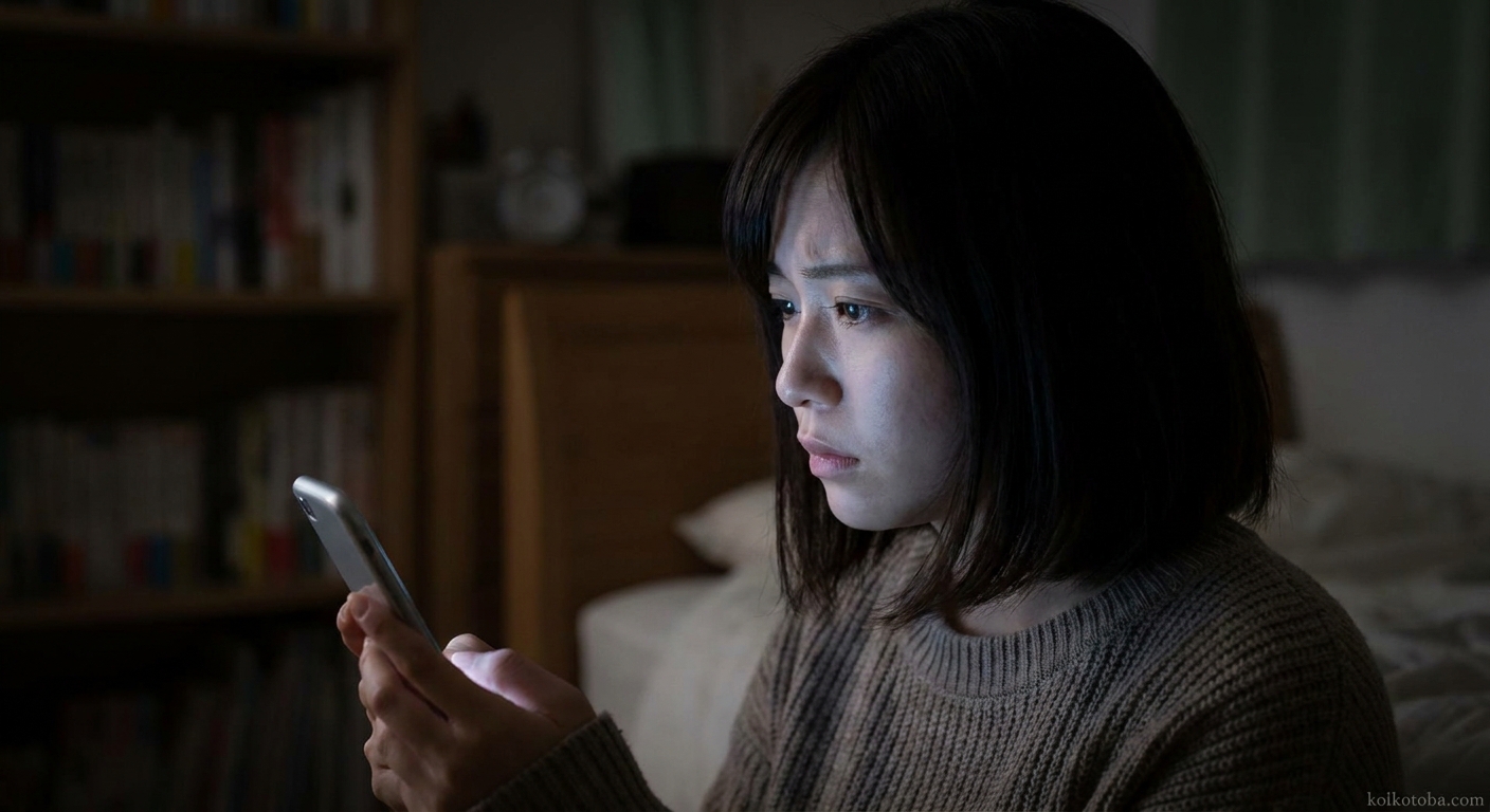 夜にスマートフォンを見つめて物思いにふける女性の横顔