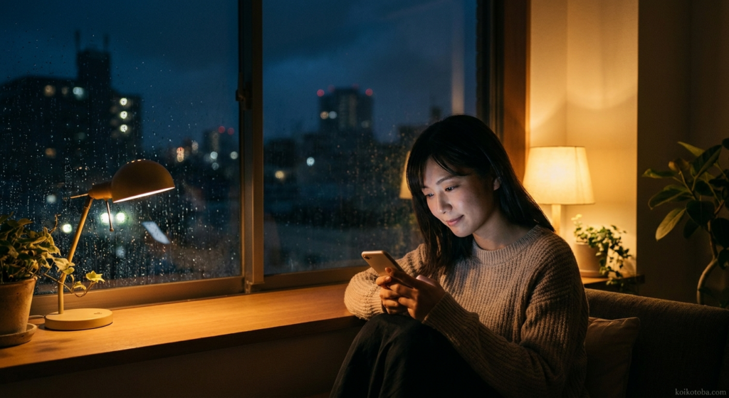 夜の窓辺でスマートフォンを見つめる若い女性