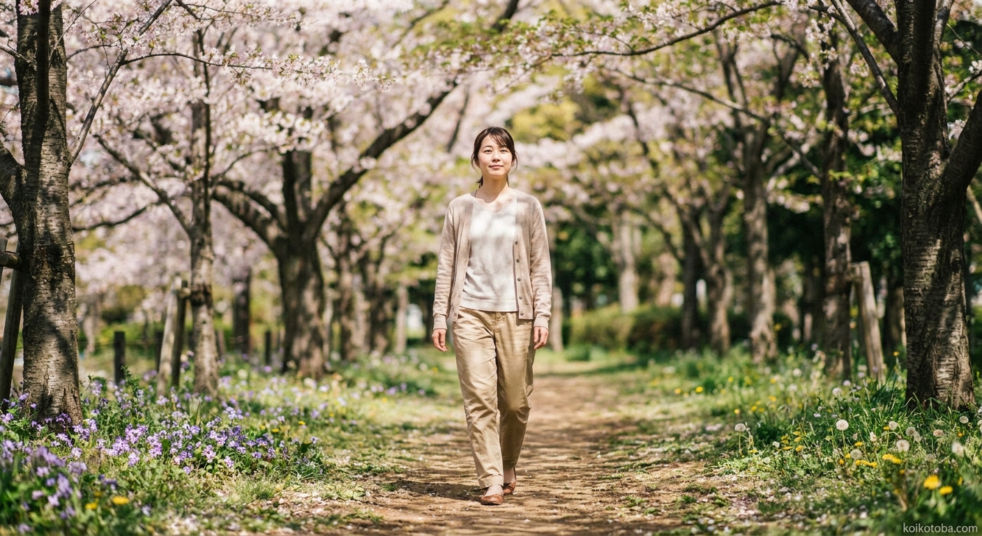 春の公園の小道を歩く若い女性、足元に小さな花