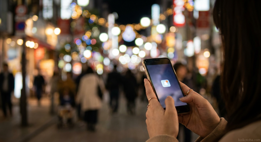夜の街明かりの中でスマートフォンを見つめる女性の手元