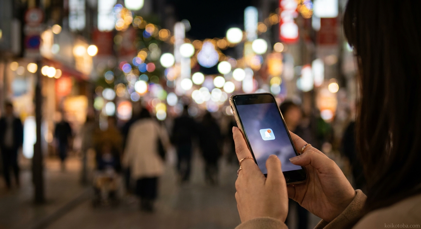 夜の街明かりの中でスマートフォンを見つめる女性の手元
