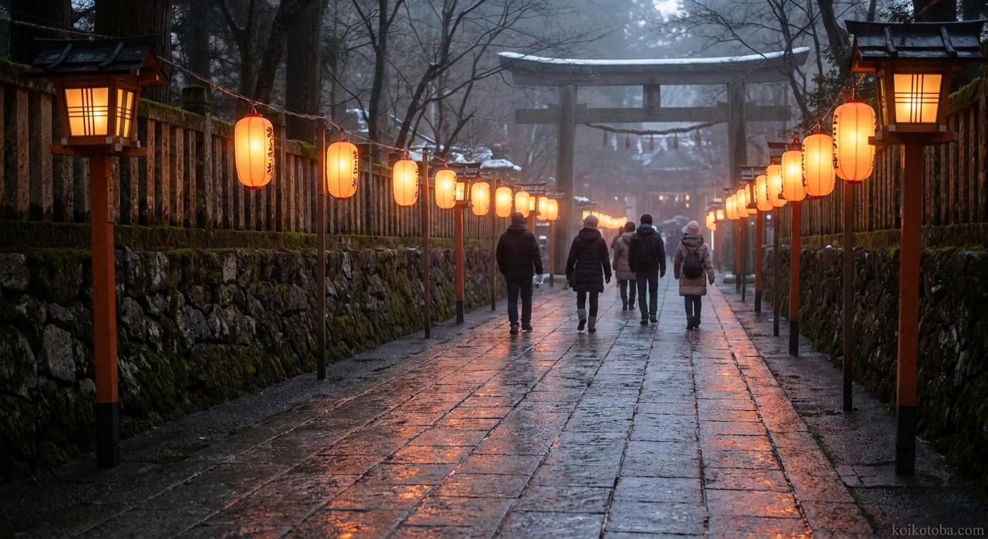 提灯が灯る冬の夜の神社参道と参拝者のシルエット