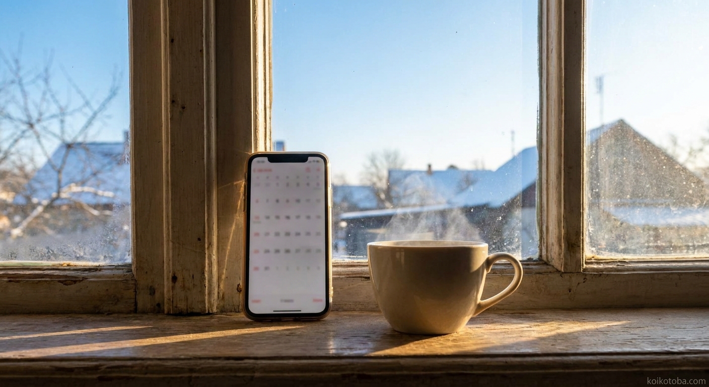 元旦の朝の窓辺に置かれたスマートフォンとコーヒーカップ