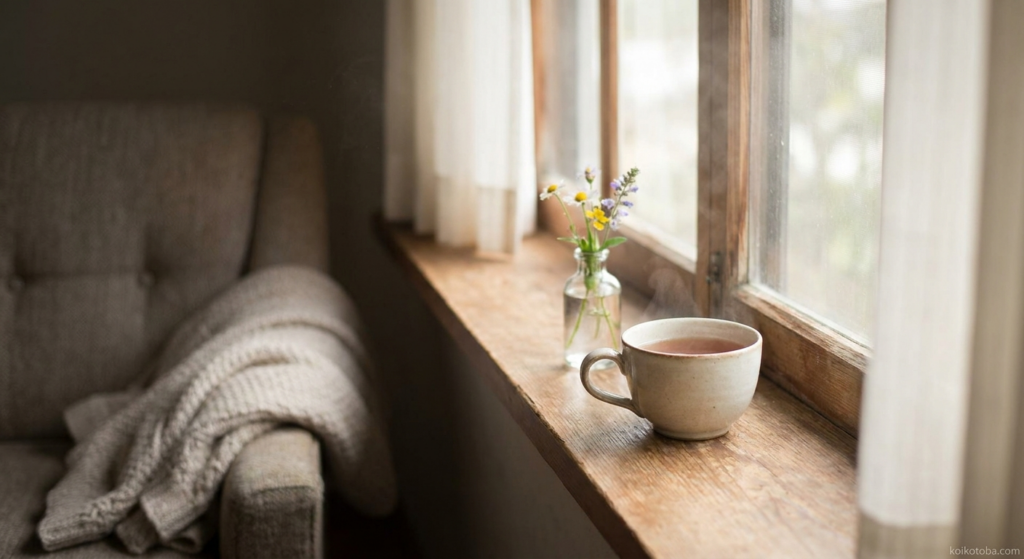 窓辺に置かれたお茶のカップと小さな花。倦怠期の記事のイメージ