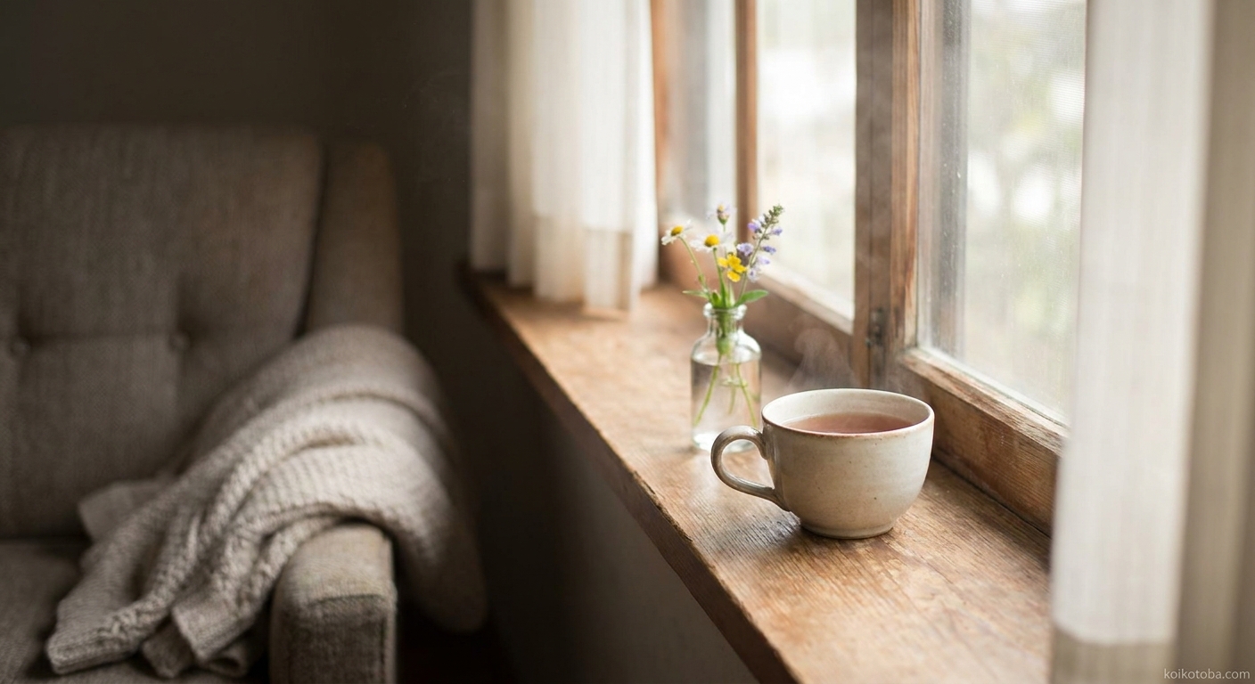 窓辺に置かれたお茶のカップと小さな花。倦怠期の記事のイメージ