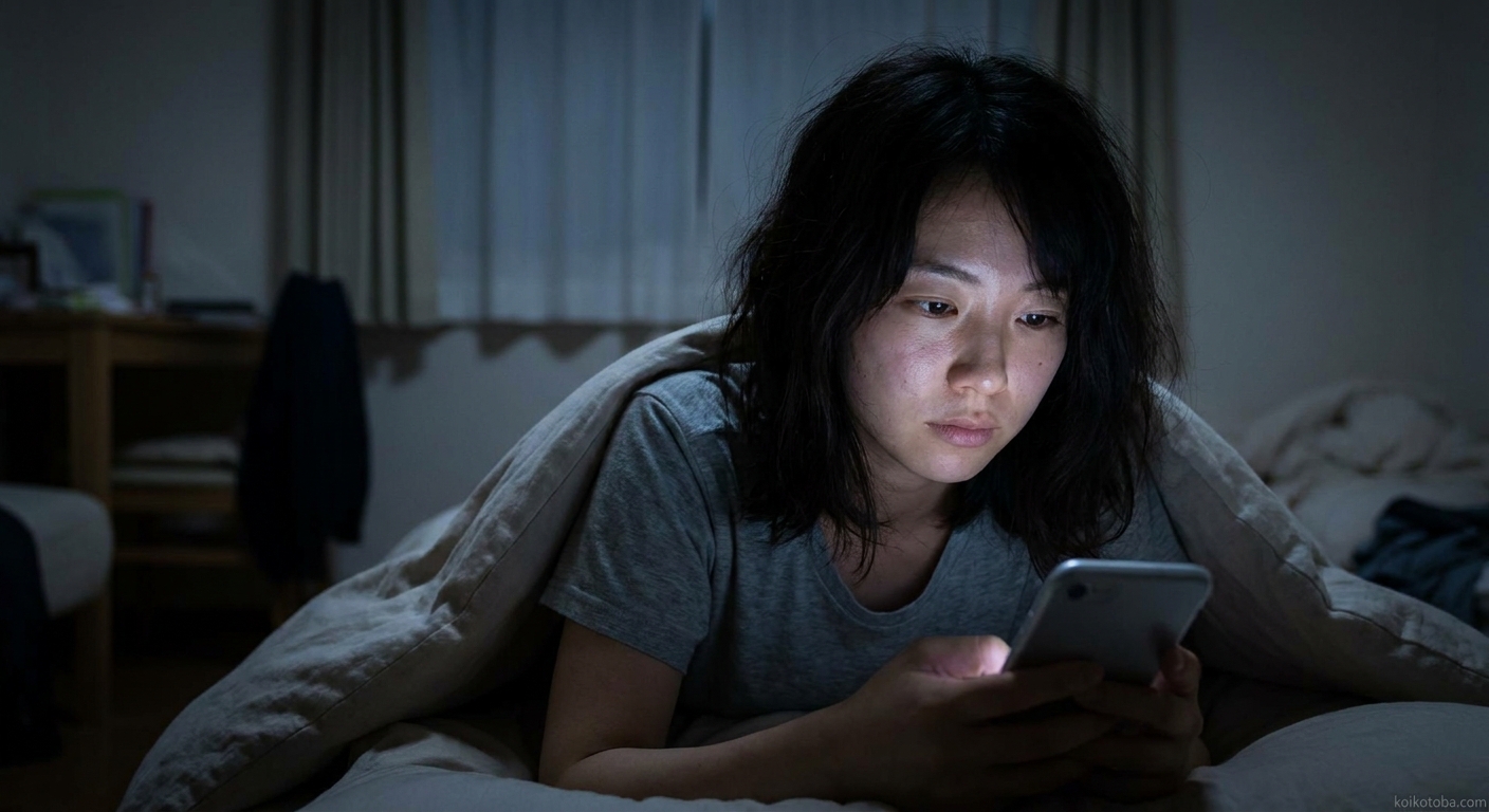 深夜にスマートフォンを見つめる若い女性