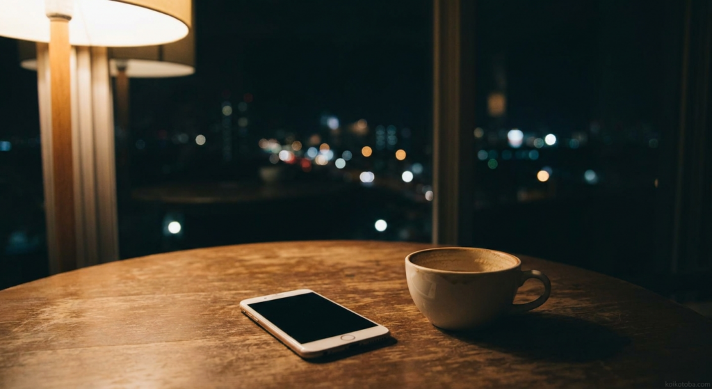 夜の室内に置かれたスマートフォンとコーヒー、窓の外の街灯り