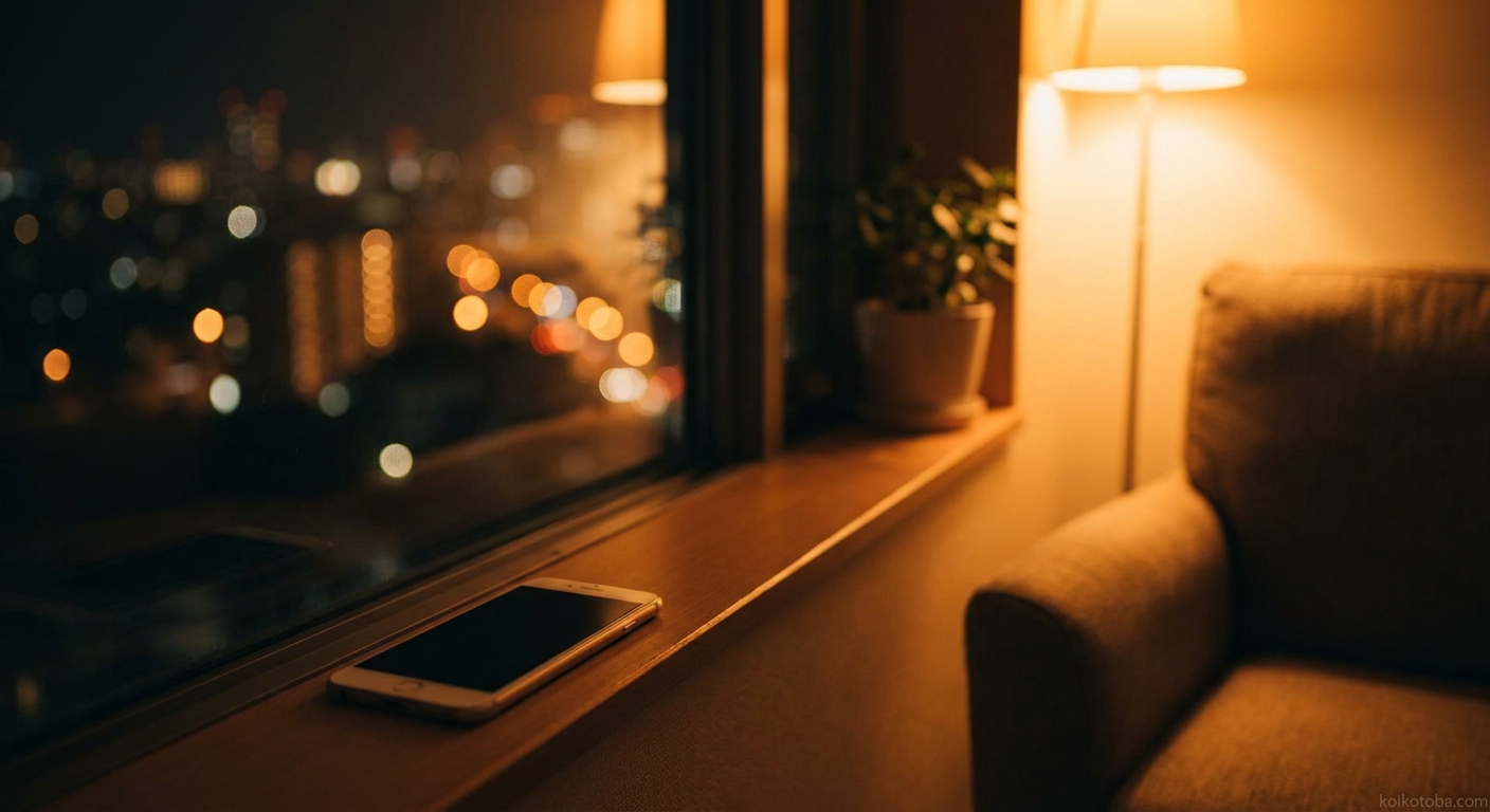 夜の窓際に置かれたスマートフォン、街の灯りを背景に