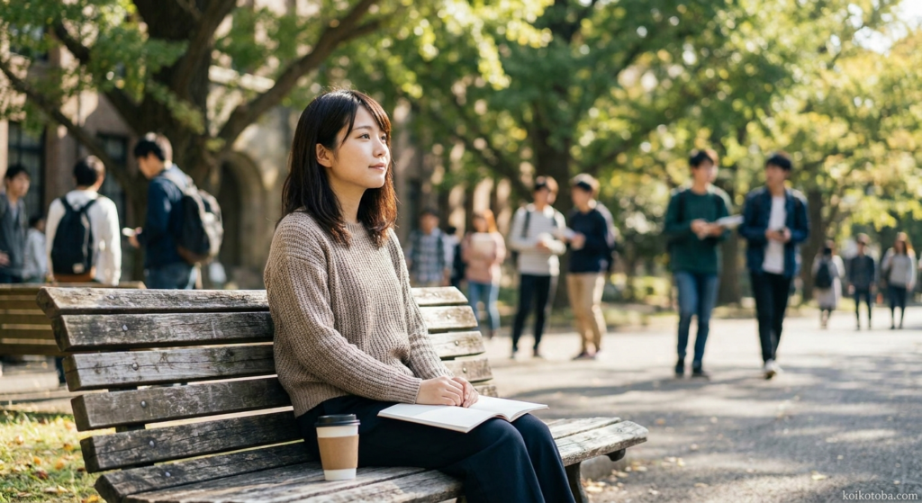 大学キャンパスのベンチで一人座ってぼんやりしている大学生の女性