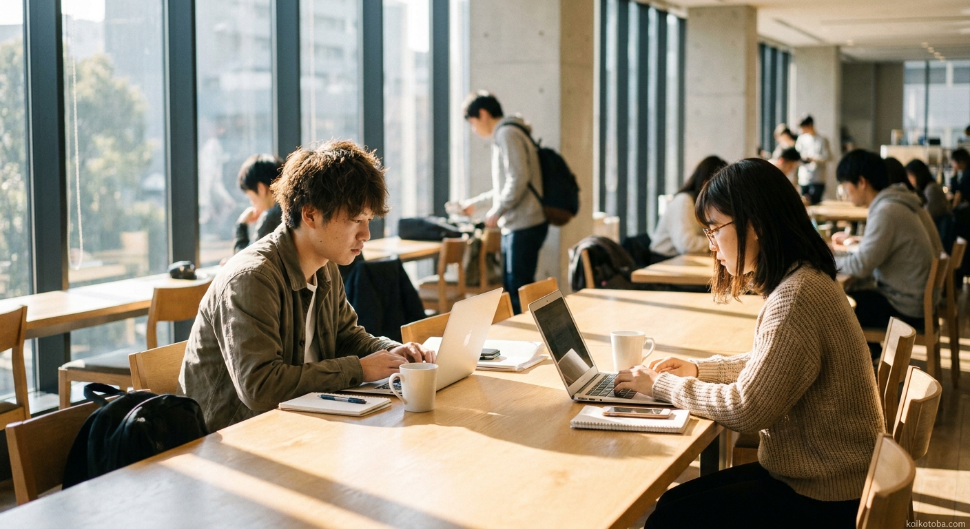 大学のラウンジでノートパソコンを広げて勉強している学生たち