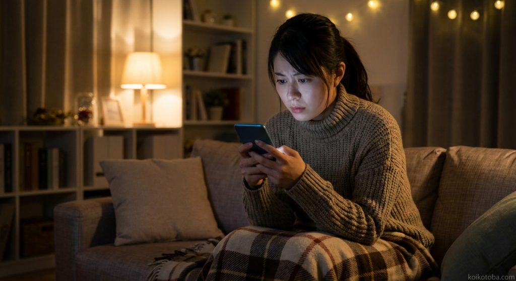 夜にスマホを見つめながら連絡を待つ女性
