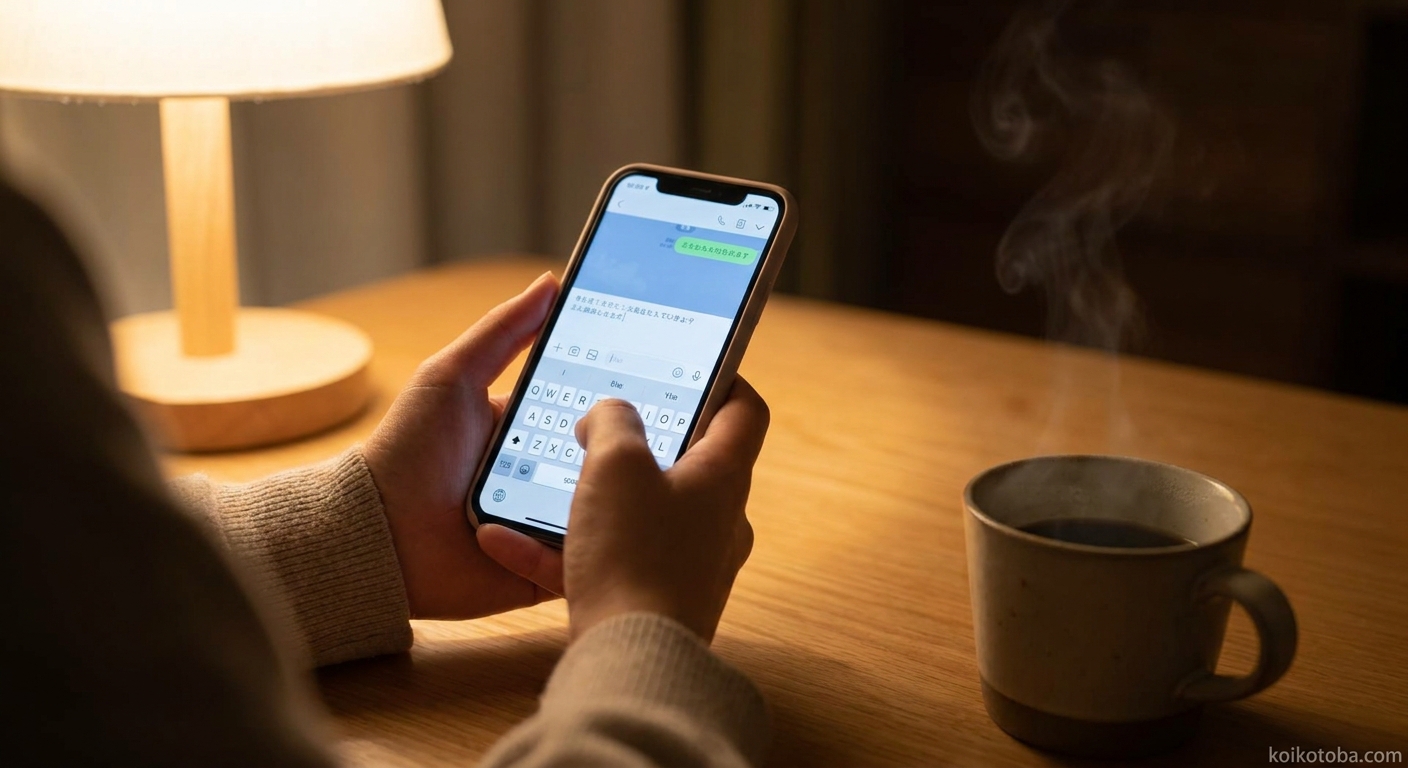 夜にスマートフォンでLINEを書こうとしている女性の手元